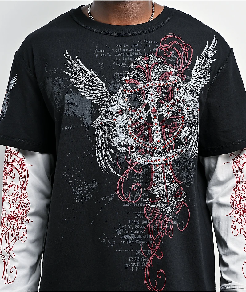 Insomnia Visuals Winged Cross Black & White 2fer Long Sleeve T-Shirt