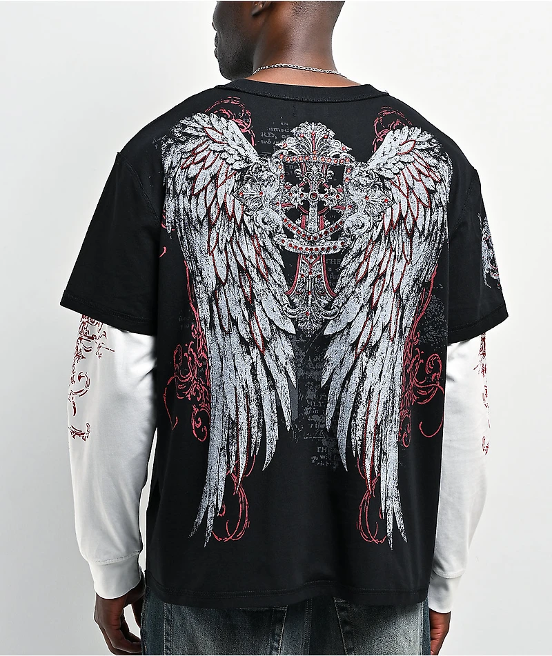 Insomnia Visuals Winged Cross Black & White 2fer Long Sleeve T-Shirt