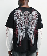 Insomnia Visuals Winged Cross Black & White 2fer Long Sleeve T-Shirt