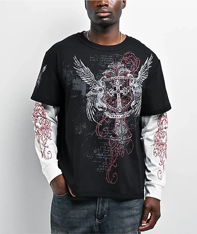 Insomnia Visuals Winged Cross Black & White 2fer Long Sleeve T-Shirt