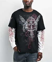 Insomnia Visuals Winged Cross Black & White 2fer Long Sleeve T-Shirt