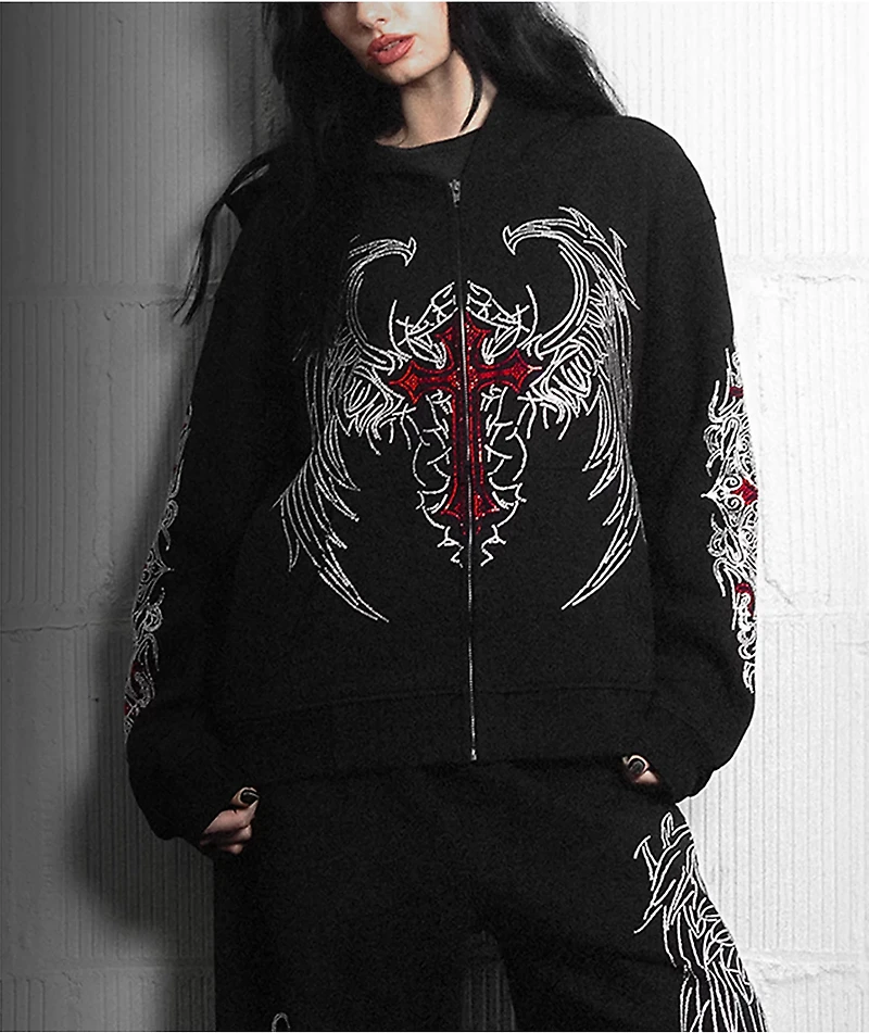 Insomnia Visuals Winged Cross Rhinestone Black Zip Hoodie