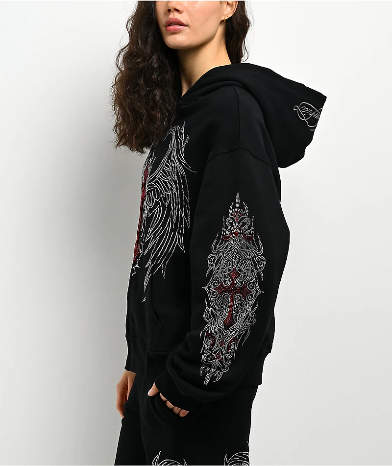 Insomnia Visuals Winged Cross Rhinestone Black Zip Hoodie