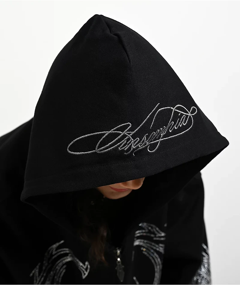 Insomnia Visuals Winged Cross Rhinestone Black Zip Hoodie