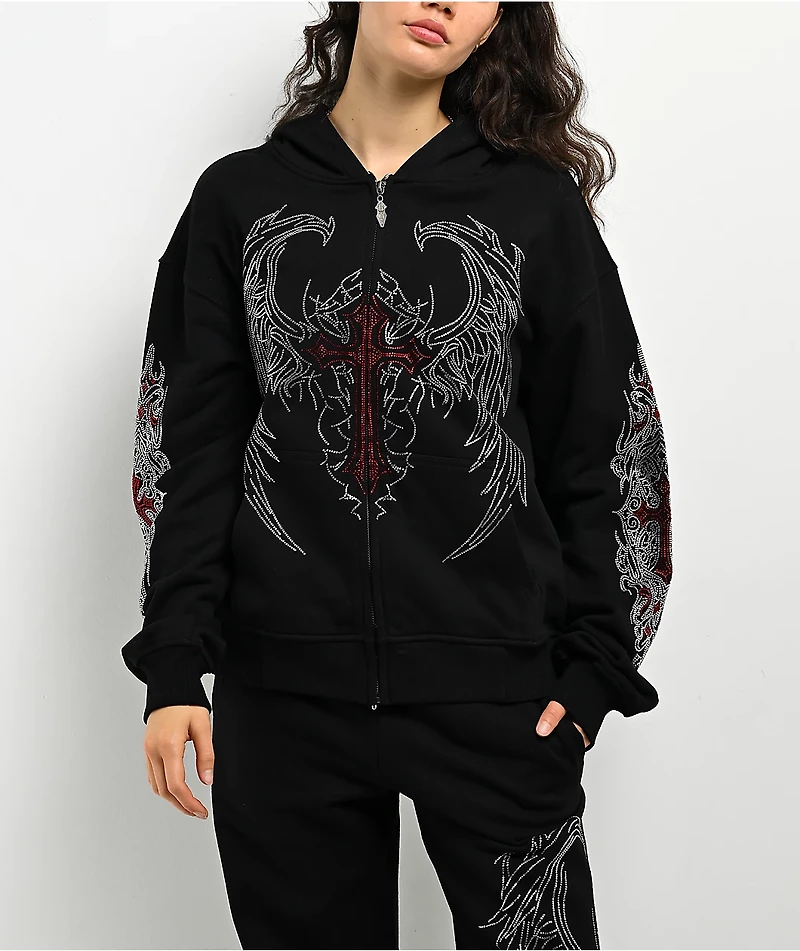 Insomnia Visuals Winged Cross Rhinestone Black Zip Hoodie