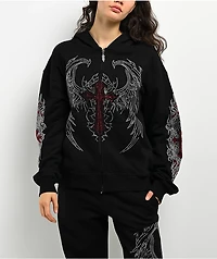 Insomnia Visuals Winged Cross Rhinestone Black Zip Hoodie