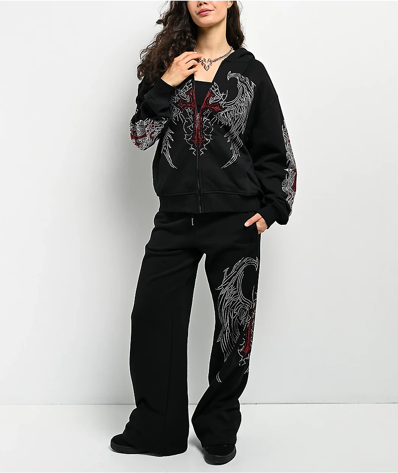 Insomnia Visuals Winged Cross Rhinestone Black Zip Hoodie