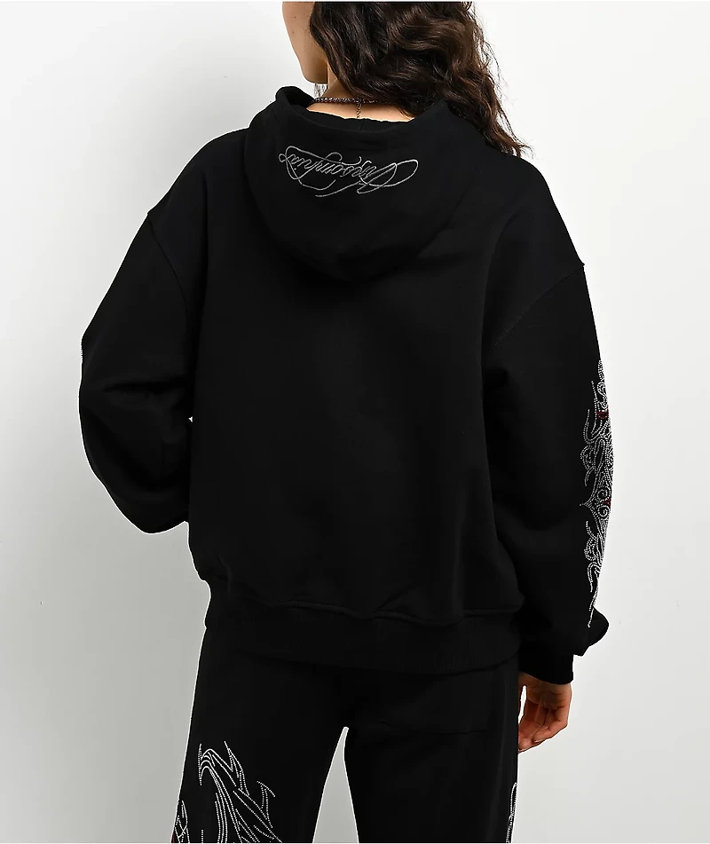 Insomnia Visuals Winged Cross Rhinestone Black Zip Hoodie