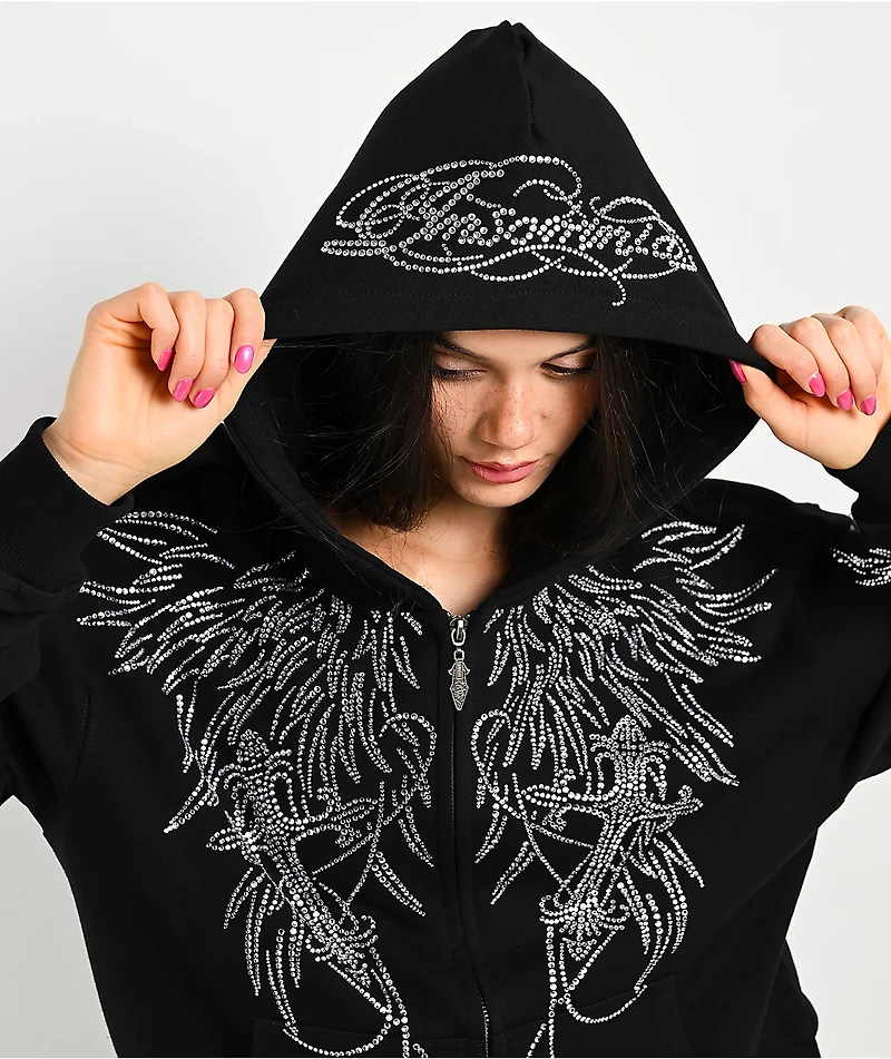 Insomnia Visuals Wings Rhinestone Black Zip Hoodie