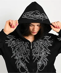 Insomnia Visuals Wings Rhinestone Black Zip Hoodie