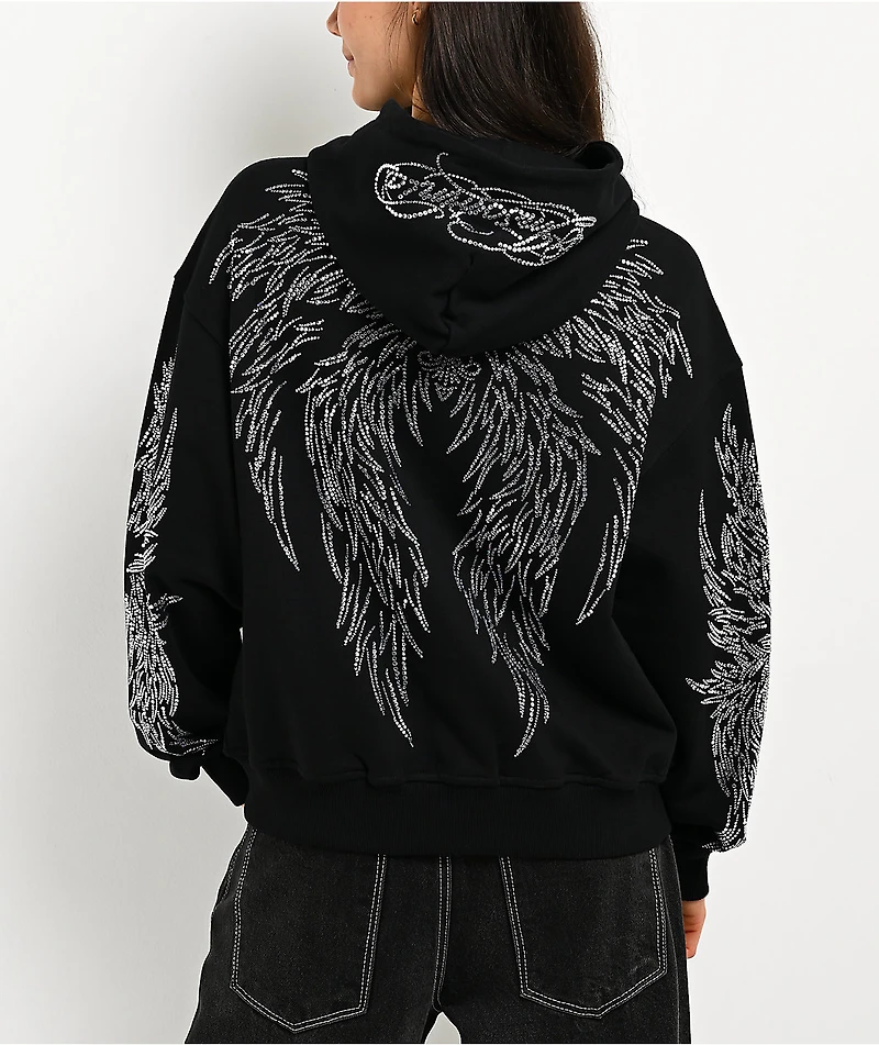 Insomnia Visuals Wings Rhinestone Black Zip Hoodie