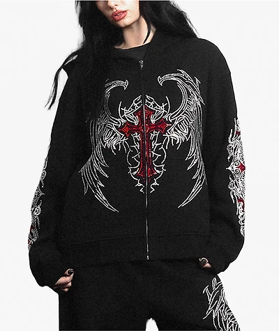 Insomnia Visuals Wings Rhinestone Black Zip Hoodie
