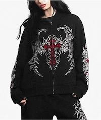 Insomnia Visuals Wings Rhinestone Black Zip Hoodie