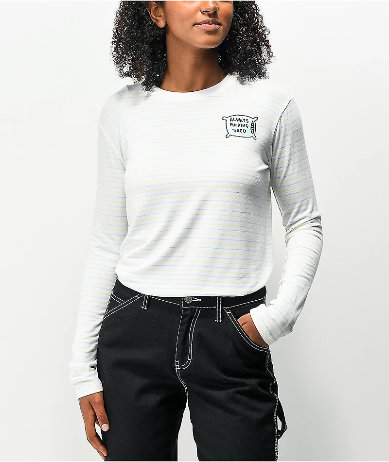 JV by Jac Vanek Always Tired White Stripe Long Sleeve T-Shirt