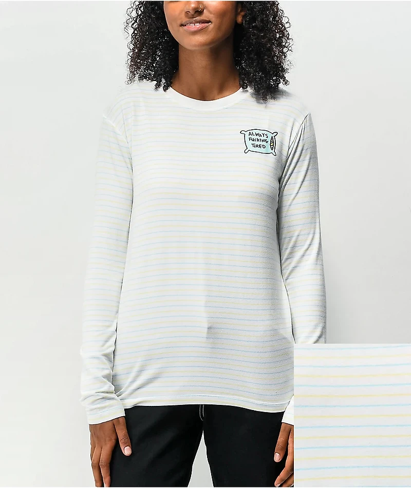 JV by Jac Vanek Always Tired White Stripe Long Sleeve T-Shirt