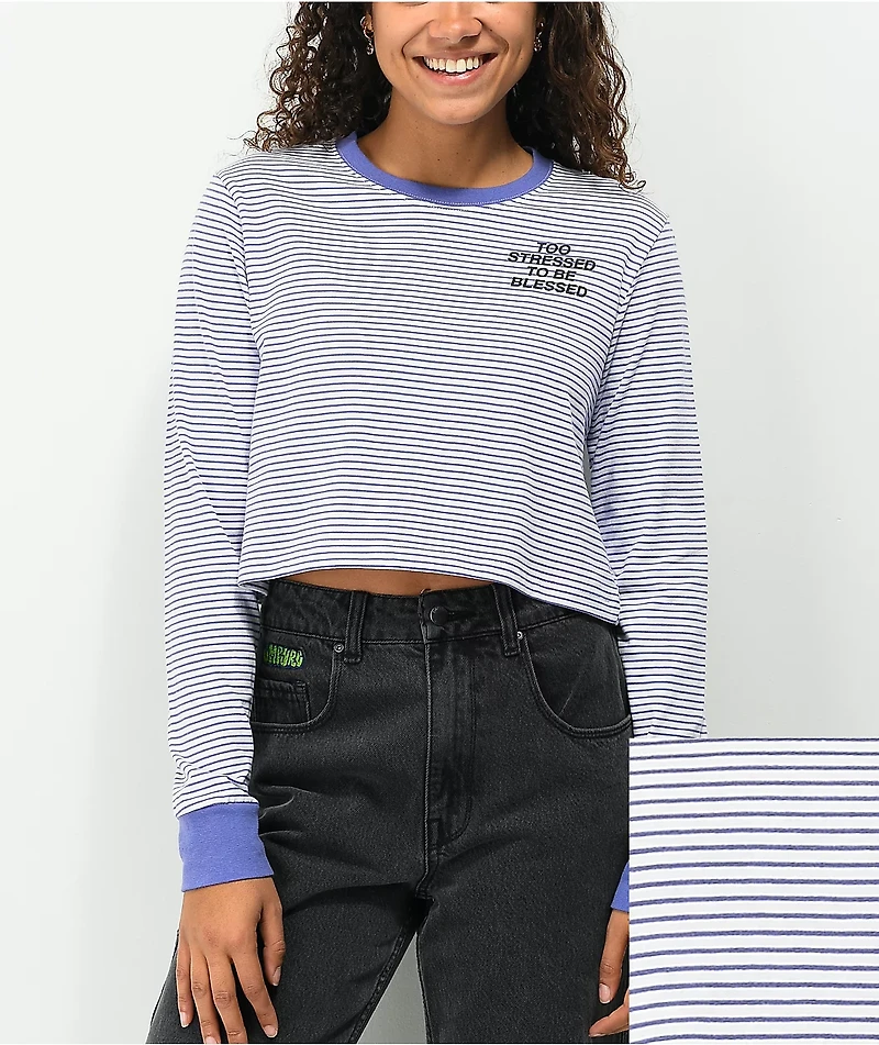 JV by Jac Vanek Too Stressed White & Purple Stripe Crop Long Sleeve T-Shirt