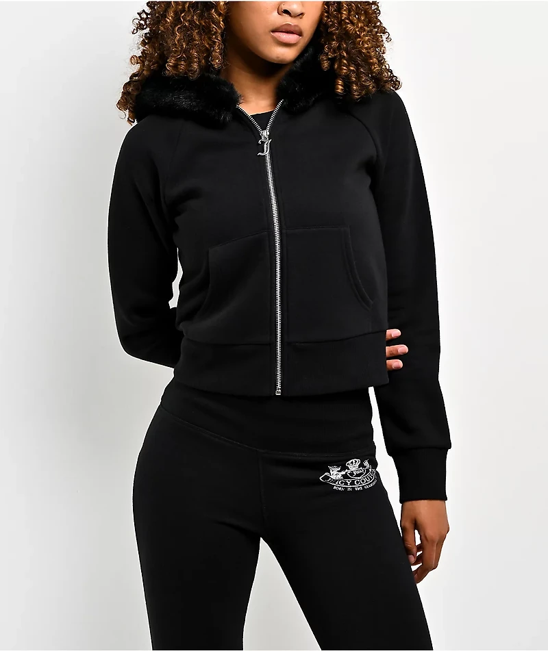 Juicy Couture Faux Fur Black Crop Zip Hoodie