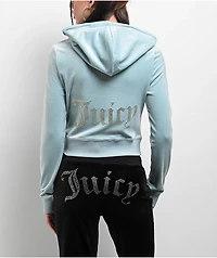 Juicy Couture OG Big Bling Pastel Turquoise Velour Zip Hoodie