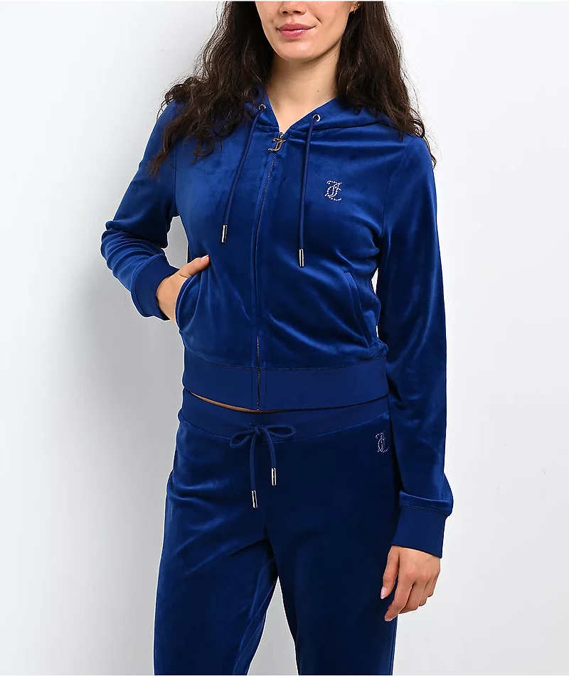 Juicy Couture OG Big Bling Varsity Blue Velour Zip Hoodie