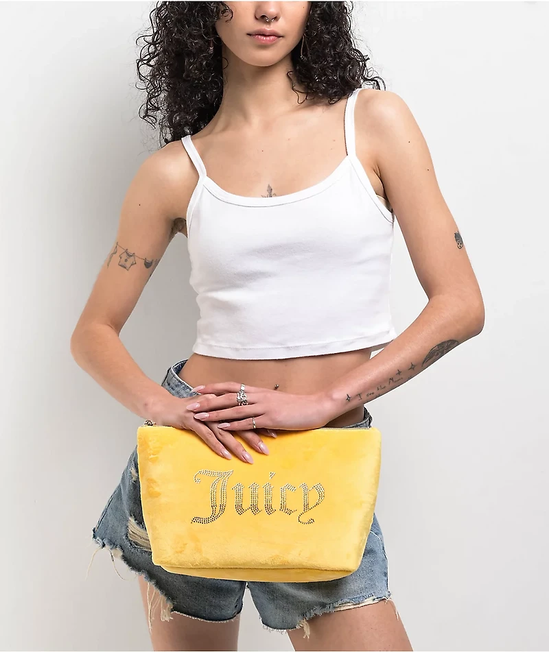 Juicy Couture Rhinestone Logo Yellow Velour Makeup Pouch