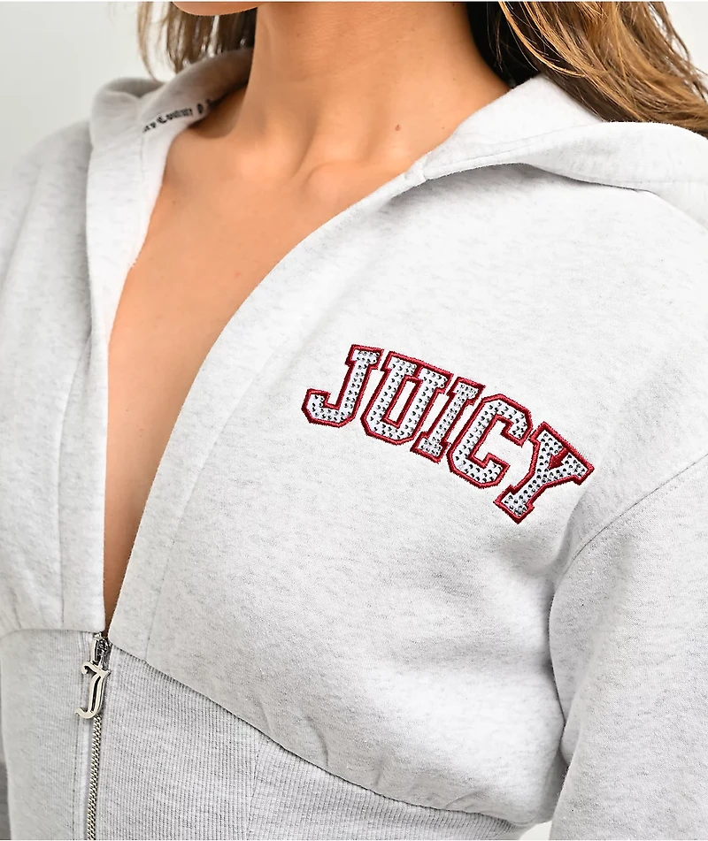 Juicy Couture V-Neck Corset Light Heather Grey Crop Zip Hoodie