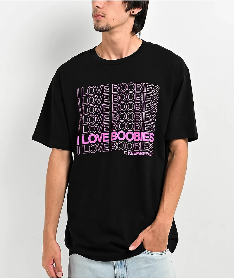 Keep A Breast Foundation I Love Boobies Stacked Black T-Shirt