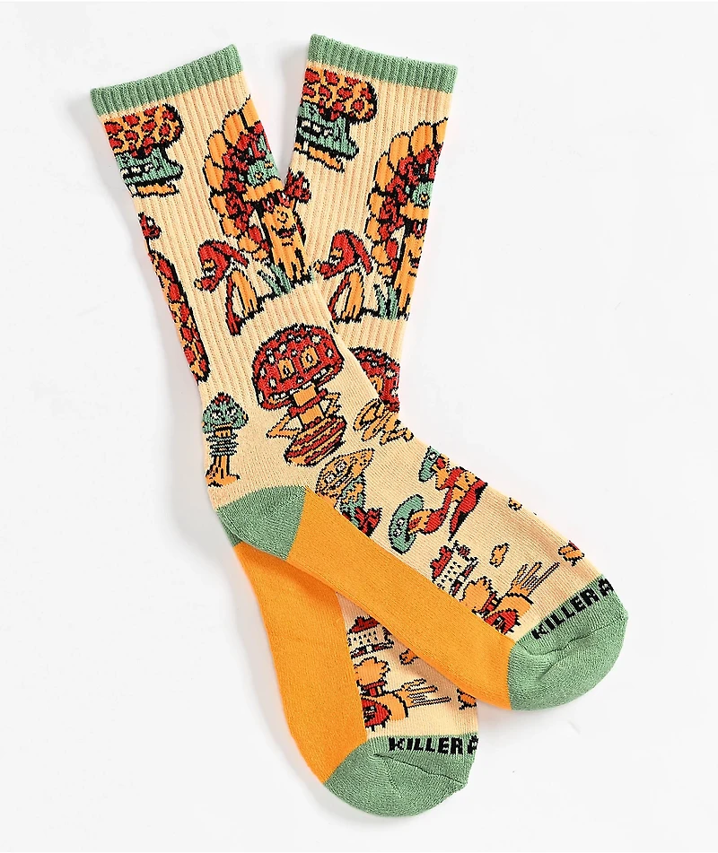 Killer Acid Mushroom Friends Beige Crew Socks