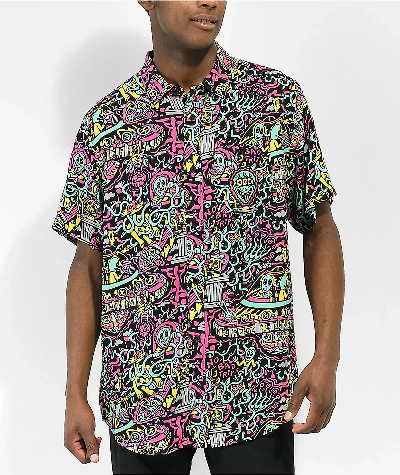 Killer Acid No Bad Trips Black Short Sleeve Button Up Shirt