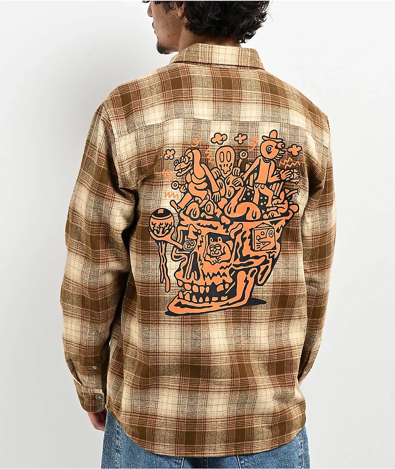 Killer Acid Skully Brown Plaid Long Sleeve Button Up Shirt