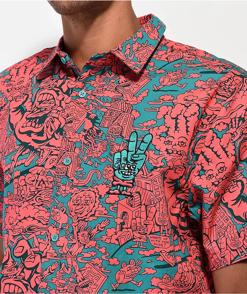 Killer Acid x Santa Cruz Peace Hand Pink Short Sleeve Button Up Shirt