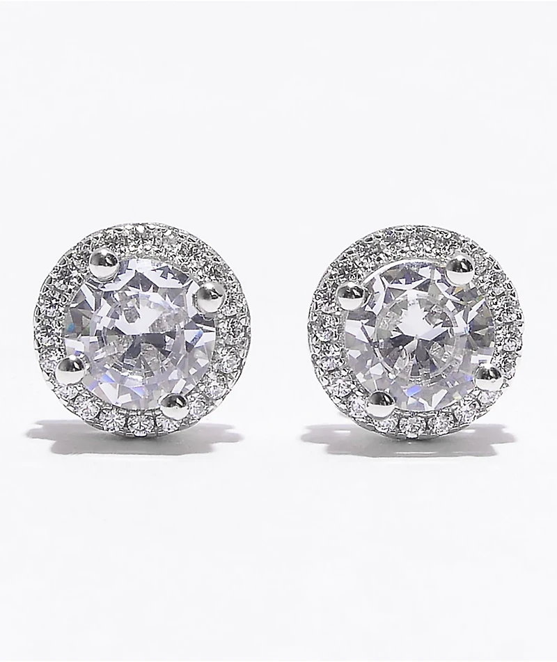 King Ice Iced Round Frame Silver Stud Earrings