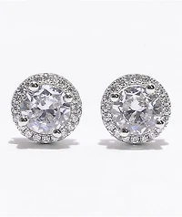 King Ice Iced Round Frame Silver Stud Earrings
