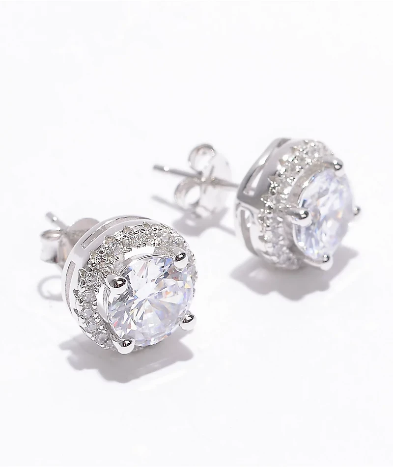 King Ice Iced Round Frame Silver Stud Earrings