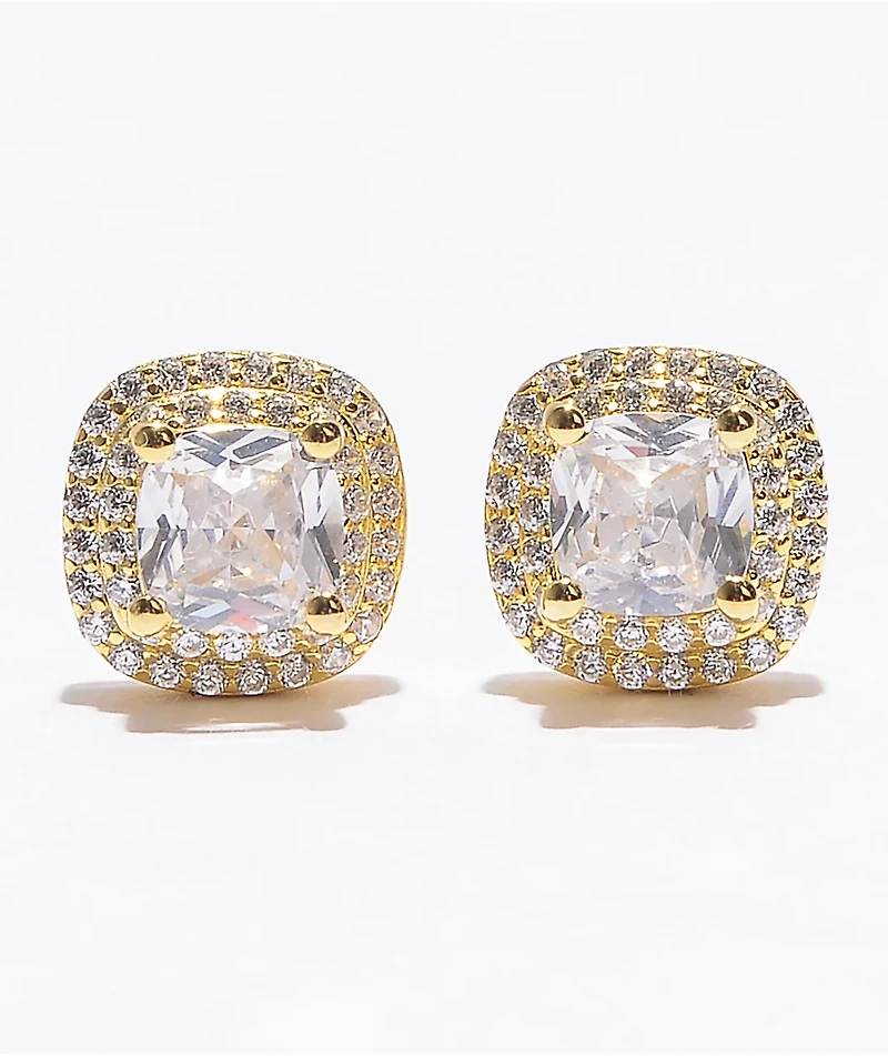 King Ice Iced Square Frame Gold Stud Earrings