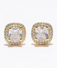 King Ice Iced Square Frame Gold Stud Earrings