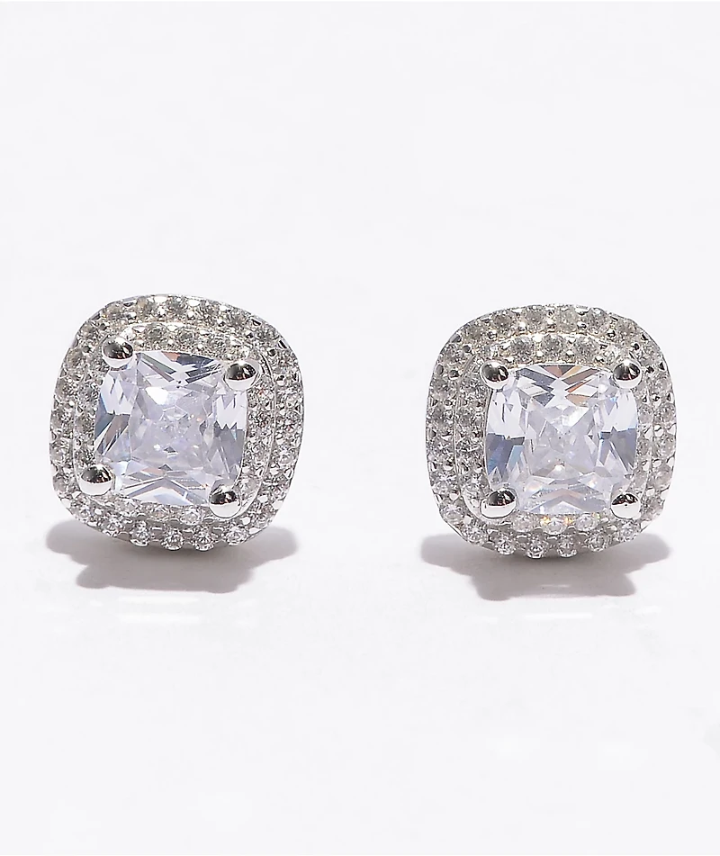 King Ice Iced Square Frame Silver Stud Earrings