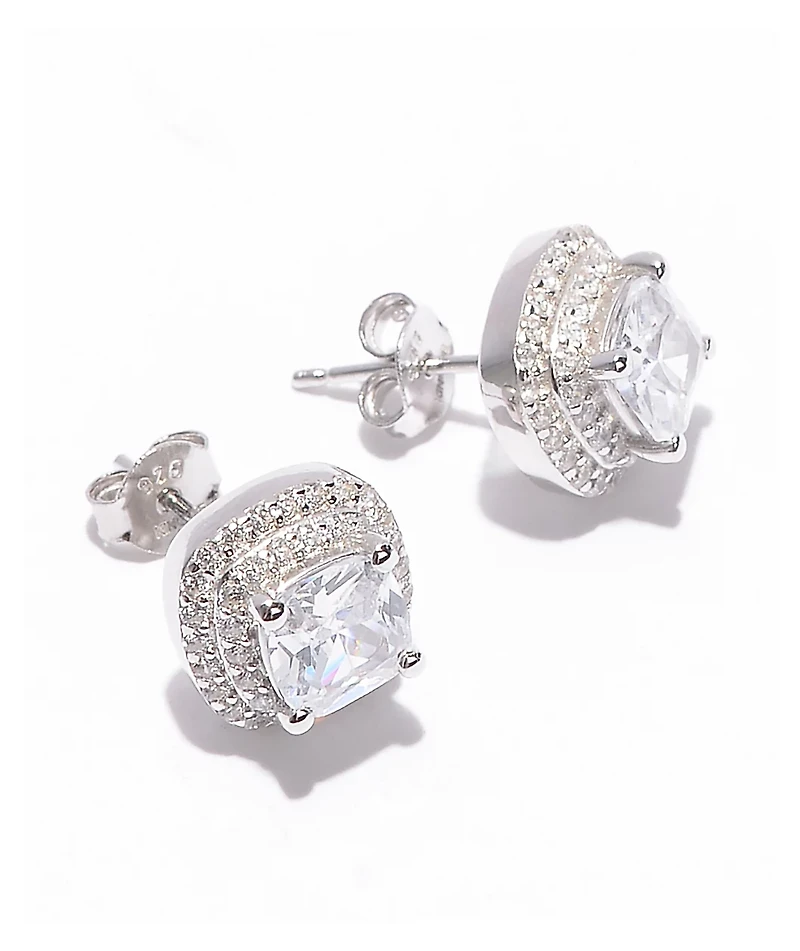 King Ice Iced Square Frame Silver Stud Earrings