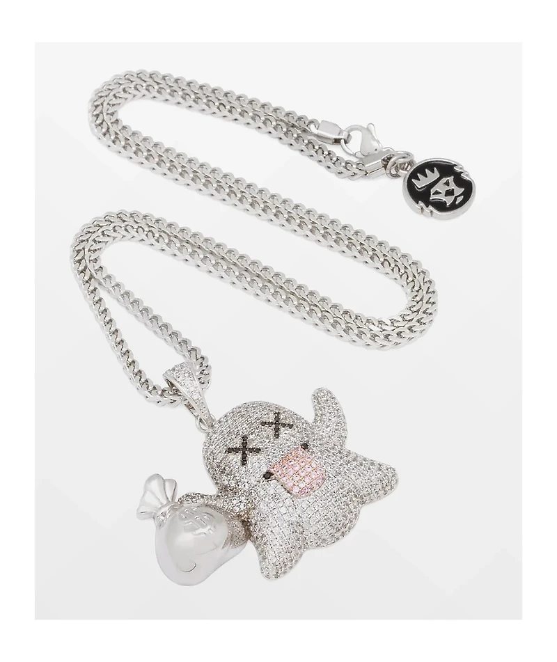 King Ice Money Ghost Emoji 20" Silver Chain Necklace