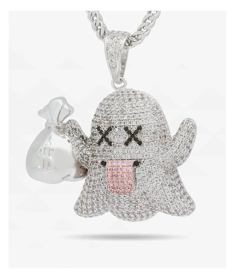 King Ice Money Ghost Emoji 20" Silver Chain Necklace