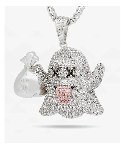 King Ice Money Ghost Emoji 20" Silver Chain Necklace