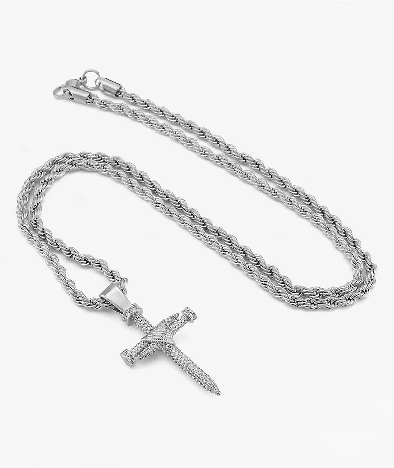 King Ice Nail Cross 26" White Gold Chain Necklace