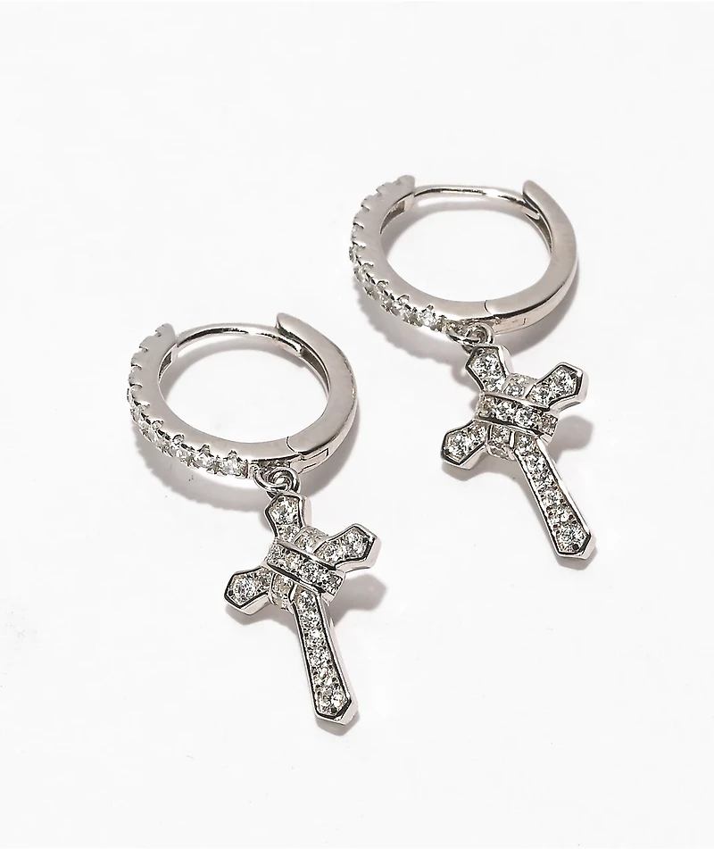 King Ice Silver Iced Cross Hoop Earrings