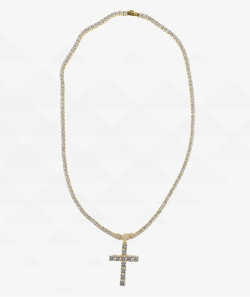 King Ice Tennis Cross Gold 24" Chain Necklace