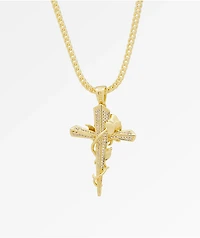 King Ice Thorned Cross Gold Necklace