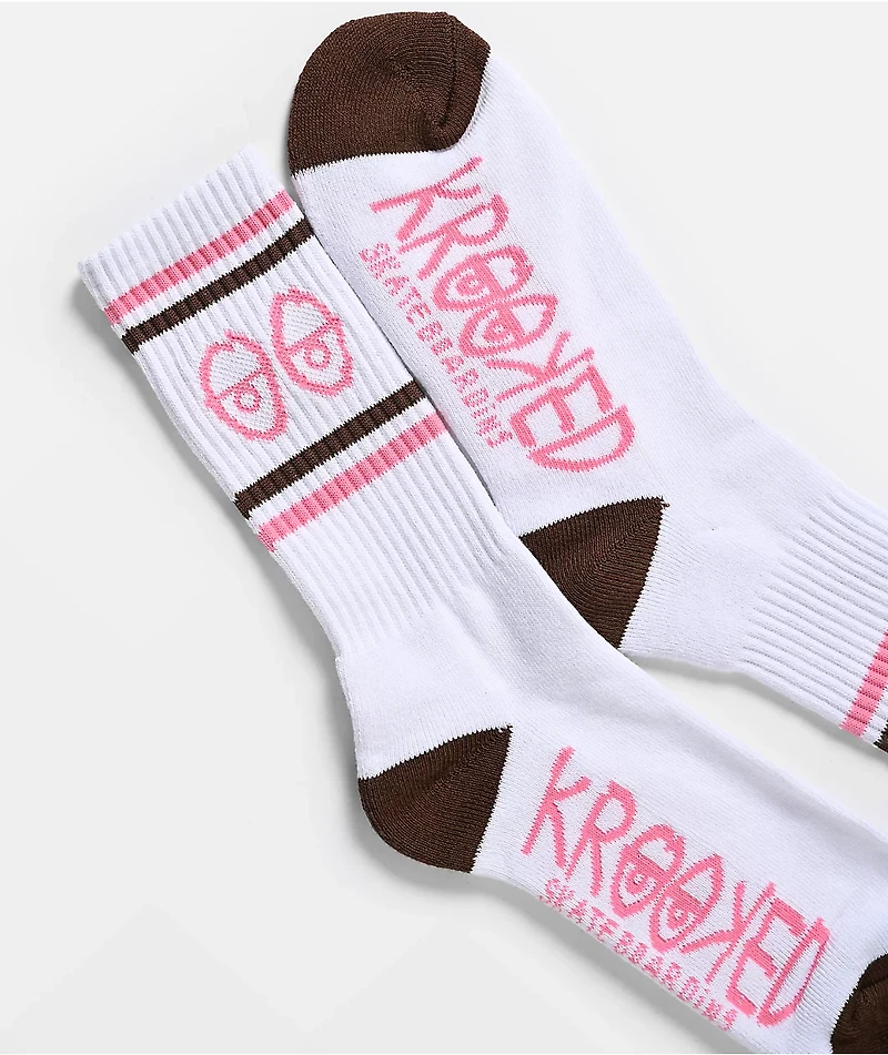 Krooked Eyes White, Pink & Brown Crew Socks