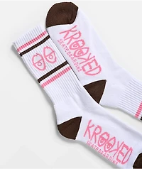 Krooked Eyes White, Pink & Brown Crew Socks