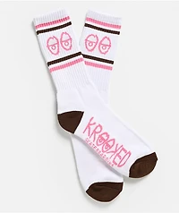 Krooked Eyes White, Pink & Brown Crew Socks