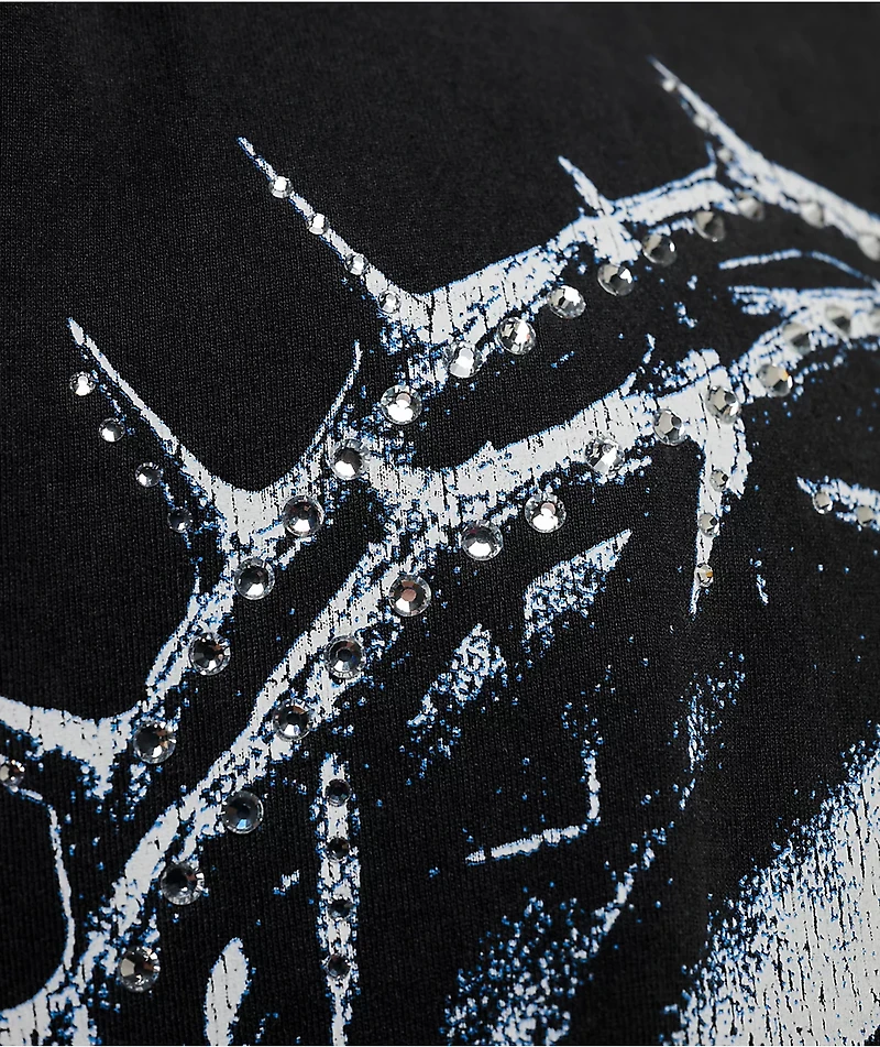 Learn To Forget Crown Of Tears Rhinestone Black Wash T-Shirt