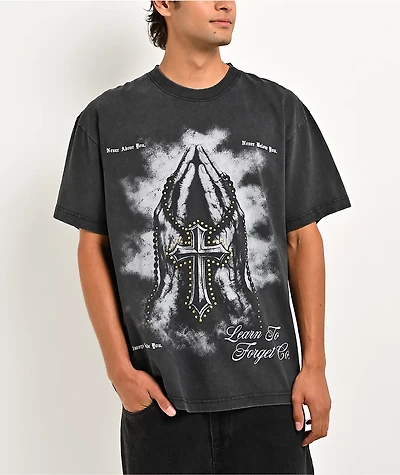 Learn To Forget Grace Cross Rhinestone Black Wash T-Shirt