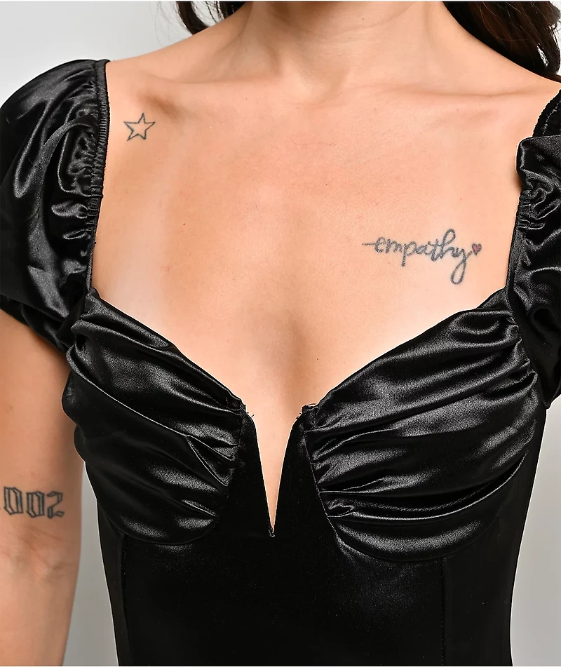 Lovesome Satin Babydoll Black Puff Sleeve Mini Dress
